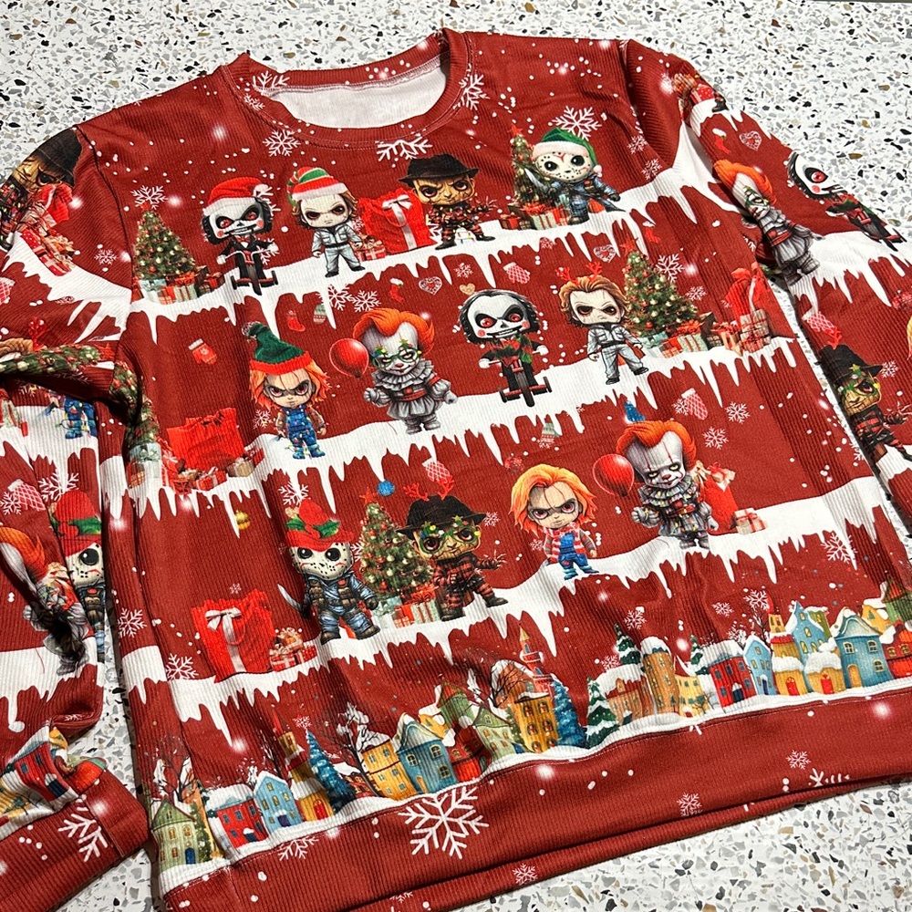 NWOT Festive Red Graphic Horror Movie Characters Sweater size XL